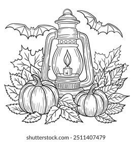 Vintage Halloween Autumn Scene with Lantern, Pumpkins, Leaves, and Bats – Atmospheric Fall Coloring Page