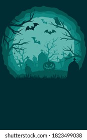 Vintage Halloween background with bats scary pumpkin spider dry trees on cemetery vector illustration