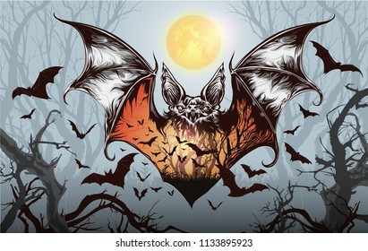 Vintage Halloween background with flying bats