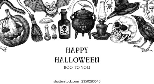 Vintage Halloween background. Hand drawn vector illustration. Skulls, bones, pumpkin, poison, snakes, mushroom sketches. Autumn holiday banner. Vintage Halloween design elements