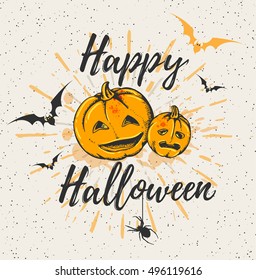 Vintage Halloween background with pumpkins. "Happy Halloween" lettering. Vector illustration.