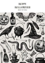 Vintage Halloween Banner Design. Hand Drawn Vector Illustration. Skull, Bones, Pumpkin, Poisonous Mushrooms, Snakes, Raven Sketch. Halloween Party Invitation, Flyer, Poster, Book Cover, Card Template