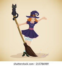 Vintage Halloween card with cute little girl  witch in hat, broom and cat. Vector