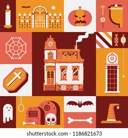 Vintage halloween card with old haunted house, trick or treat bag, scary ghost and other traditional spooky symbols. Halloween night poster or book cover template.