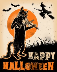 Vintage Halloween Cat Playing Violin Poster. Vector Illustration.