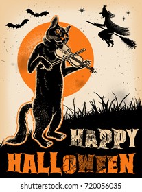 Vintage Halloween Cat Playing Violin Poster. Vector Illustration.