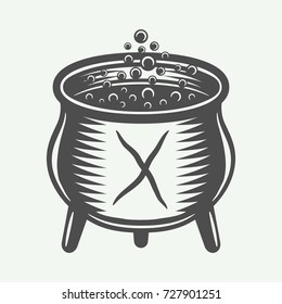Vintage halloween cauldron in retro style. Monochrome Graphic Art. Vector Illustration.
