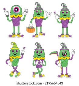 Vintage Halloween character design. Halloween set of patches in cartoon comic style. Halloween character set in cartoon comic style. Perfect for scrapbooking, greeting card, party invitation, sticker.