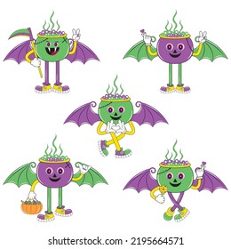 Vintage Halloween character design. Halloween set of patches in cartoon comic style. Halloween character set in cartoon comic style. Perfect for scrapbooking, greeting card, party invitation, sticker.