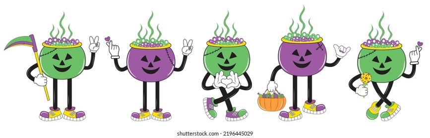 Vintage Halloween character design. Halloween set of patches in cartoon comic style. Halloween character with different emotions and face expressions. Halloween sticker pack.