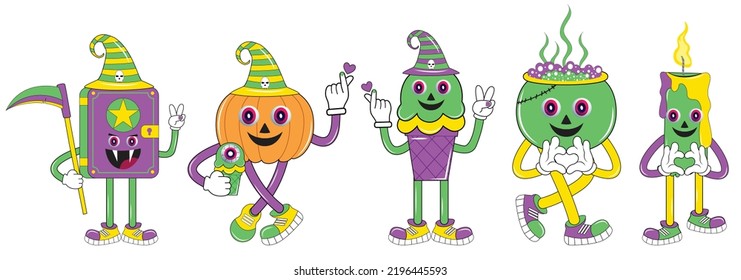 Vintage Halloween character design. Halloween sticker pack. Halloween set of patches in cartoon comic style. Halloween character set in cartoon comic style. 