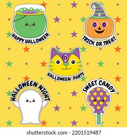 Vintage Halloween character design sticker pack. Halloween Funny trendy retro style comic characters sticker. Halloween set of patches in cartoon comic style. Halloween sticker pack.
