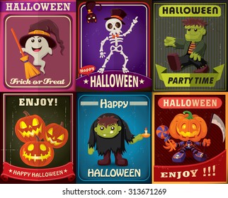 Vintage Halloween character poster design set