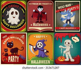 Vintage Halloween character poster design set