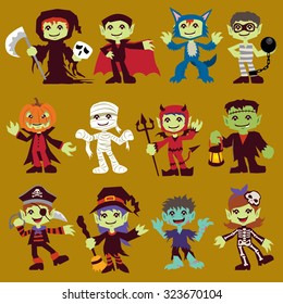 Vintage Halloween character poster design set with reaper, vampire, wolf man, prisoner, mummy, pirate, witch, zombie, skeleton