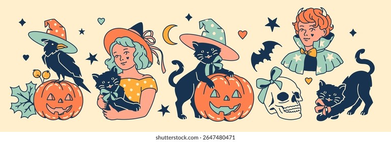 Vintage Halloween clip art set. Witches, pumpkins, cats, spooky elements and oddities for festive designs