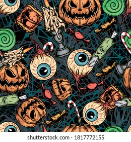 Vintage Halloween colorful seamless pattern with human eyes and body parts with broken bone candies scary pumpkins burning candles in candlesticks vector illustration