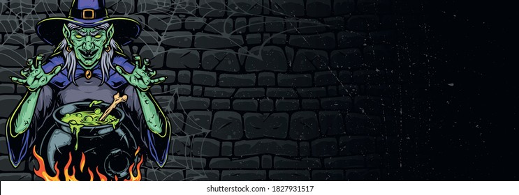 Vintage Halloween colorful template with spooky witch standing near cauldron with magic potion on dark wall background vector illustration