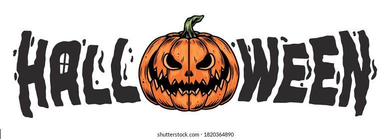 Vintage Halloween concept with calligraphic lettering and scary pumpkin isolated vector illustration