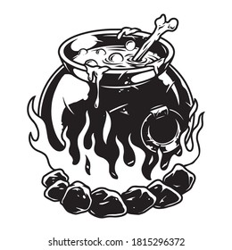 Vintage Halloween concept of cauldron with magic potion on fire in monochrome style isolated vector illustration