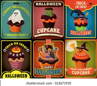 Vintage Halloween cupcake poster design set