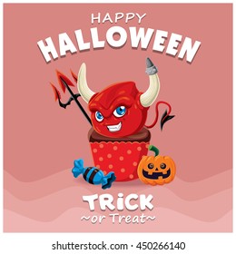 Vintage Halloween cupcake poster design with vector cupcake character.