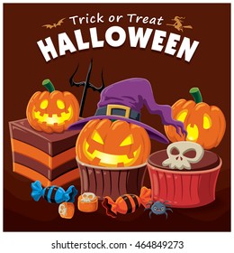 Vintage Halloween cupcake poster design with vector cupcake character.