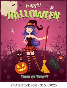 Vintage Halloween design set with witch