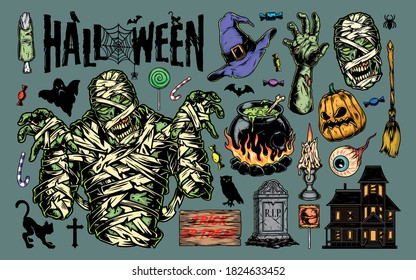 Vintage Halloween elements collection with mummy haunted house pumpkin gravestone human eye witch broom hat candies cauldron zombie body parts cat burning candle isolated vector illustration