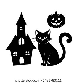 Vintage Halloween Elements Icon Bundle - Retro Black Cats Silhouette Art Illustration Set