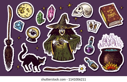 Vintage Halloween elements stickers. Magic ball, witch with book of spells, cursed black cat, hag or hex, potion and cauldron, skull and fortune-telling cards. Hand drawn engraved sketch.