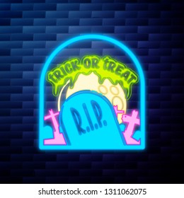 Vintage halloween emblem glowing neon sign on brick wall background