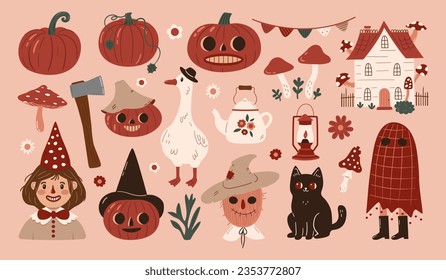 Vintage halloween farm collection in hand drawn style. Harvest time cottagecore stickers. Country autumn clipart. Pumpkins, gnome, goose, cat, ghost, scarecrow, elements. Cute vector illustration