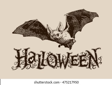 Vintage Halloween flying bat. Horizontal composition for posters and headers. 