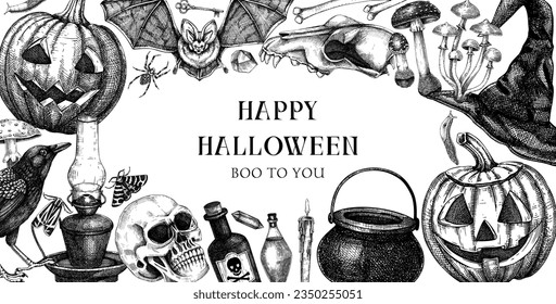 Vintage Halloween frame design. Hand drawn vector illustrations. Skull, bones, Halloween pumpkin, poisonous mushrooms, snakes, raven witch sketches. Halloween party invitation, card template, banner