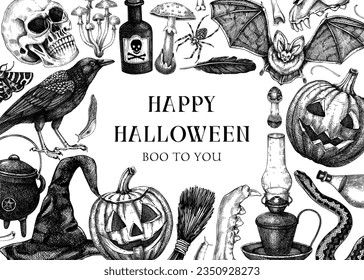 Vintage Halloween frame design. Hand drawn vector illustrations. Skull, bones, Halloween pumpkin, poisonous mushrooms, snakes, raven witch sketches. Halloween party invitation, card template, banner