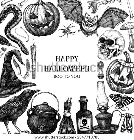 Vintage Halloween frame design. Hand drawn vector illustration. Skull, bones, pumpkin, poisonous mushrooms, snakes, raven sketches. Halloween party invitation, banner, card template, flyer
