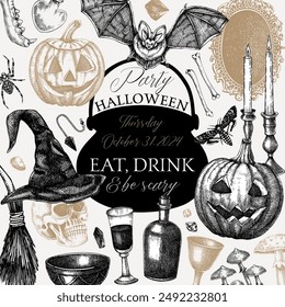 Vintage Halloween frame design. Hand-drawn vector illustration. Skull, bones, pumpkin, poisons, cauldron sketch. Witch party invitation, poster, card. Not AI generated