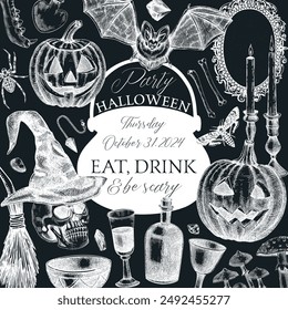 Vintage Halloween frame design on chalkboard. Hand-drawn vector illustration. Skull, bones, pumpkin, poisons, cauldron sketch. Witch party invitation, poster, flyer. Not AI generated