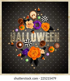 Vintage Halloween frame for your text decorated with sweets treats, roses and golden stars. 