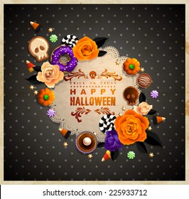 Vintage Halloween frame for your text decorated with sweets treats, roses and golden stars. 