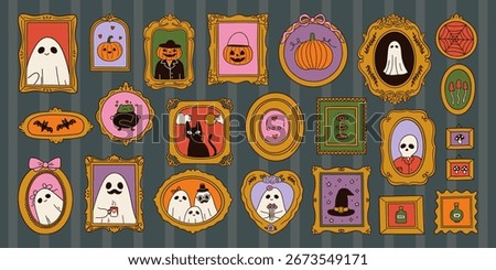 Vintage halloween frames with cute ghosts portraits, witch cauldron and hat, cat, pumpkin. Elegant victorian pictures in doodle design. Funny spooky characters as wall decor. Vector graphic