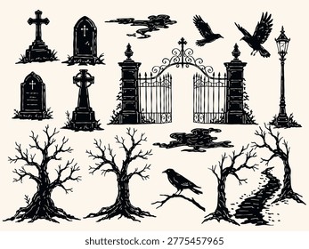 Vintage Halloween graveyard vector set featuring tombstones, cemetery gates, dead trees, ravens, lantern, fog and spooky path. Hand drawn monochrome objects for cemetery and Halloween scenes