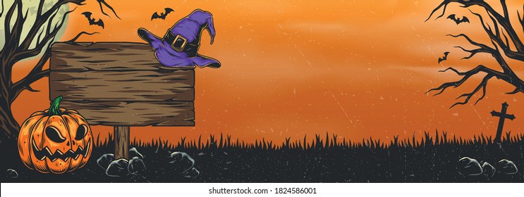 Vintage Halloween horizontal template with spooky pumpkin and witch hat on wooden board on field background vector illustration