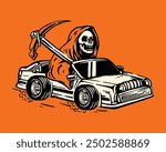 Vintage Halloween Hot Rod Car with Grim Reaper Skeleton Illustration Perfect for Spooky Seasonal Merchandise