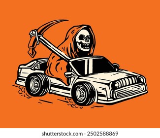 Vintage Halloween Hot Rod Car with Grim Reaper Skeleton Illustration Perfect for Spooky Seasonal Merchandise