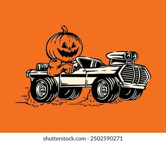 Vintage Halloween Hot Rod Car with Jack-o'-Lantern Driver Illustration Perfect for Spooky Seasonal Merchandise