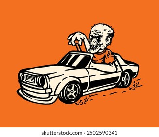 Vintage Halloween Hot Rod Car with Zombie Driver Illustration Perfect for Spooky Seasonal Merchandise
