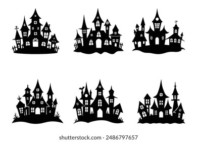 Vintage Halloween House Icons Bundle - Minimalist Silhouette Art Vector Set.