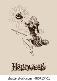 Vintage Halloween illustration. Beautiful blond girl flies on broom holding pumpkin.